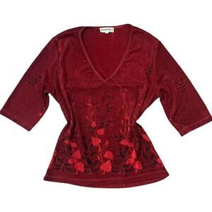 VTG 90s RAMPAGE Deep Romantic Red & Black Slinky Mid Sleeve Whimsygoth Top L